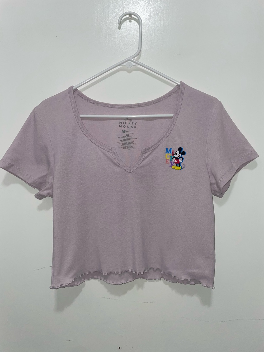 Disney Mickey Mouse Lavender Crop Top Size XL Juniors Print Tee Lettuce Trim